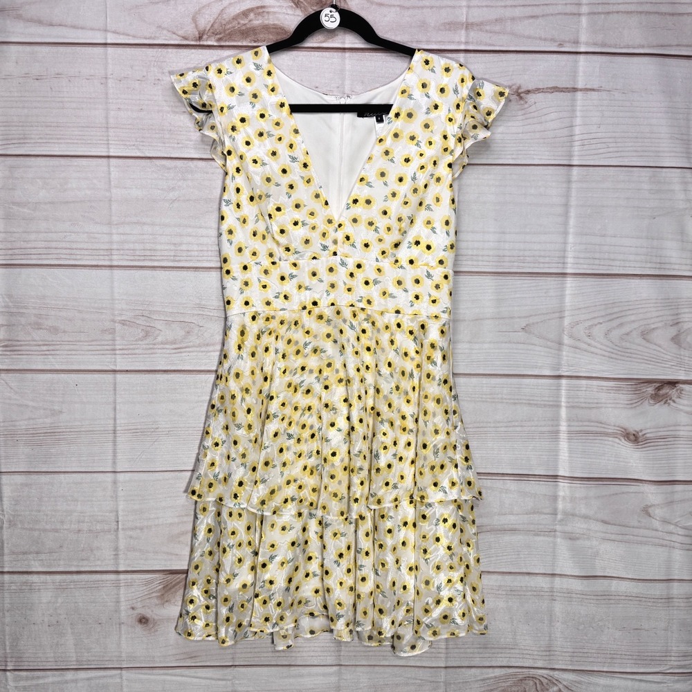 Hutch Yellow Floral Tiered Ruffle Mini Dress‎ V-Neck Flutter Sleeve 8